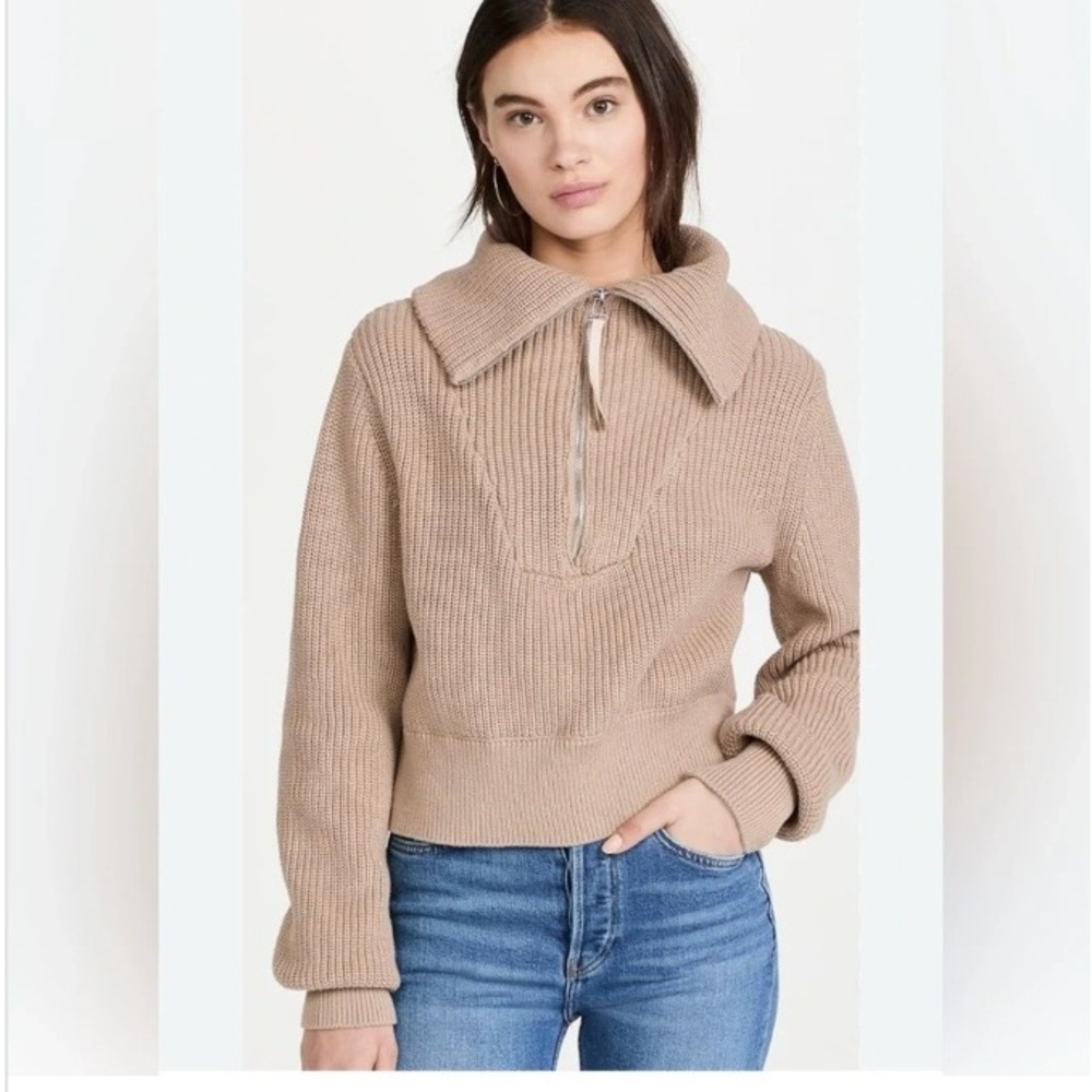 Varley Mentone Top Tan Ribbed Half Zip Cotton Knit Sweater VAR00615 Small
